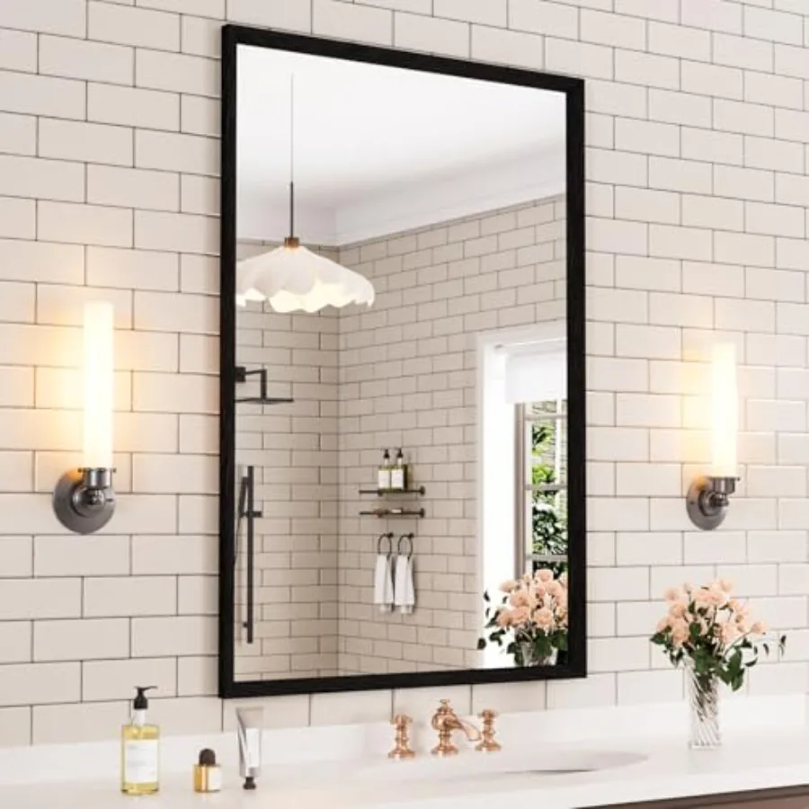 

24X36 Inch Bathroom Mirror, Framed Mirror, Rectangular Wall Mirror, Vanity Mirror for Bathroom, Anti-Rust, Tempered Glass, Hang