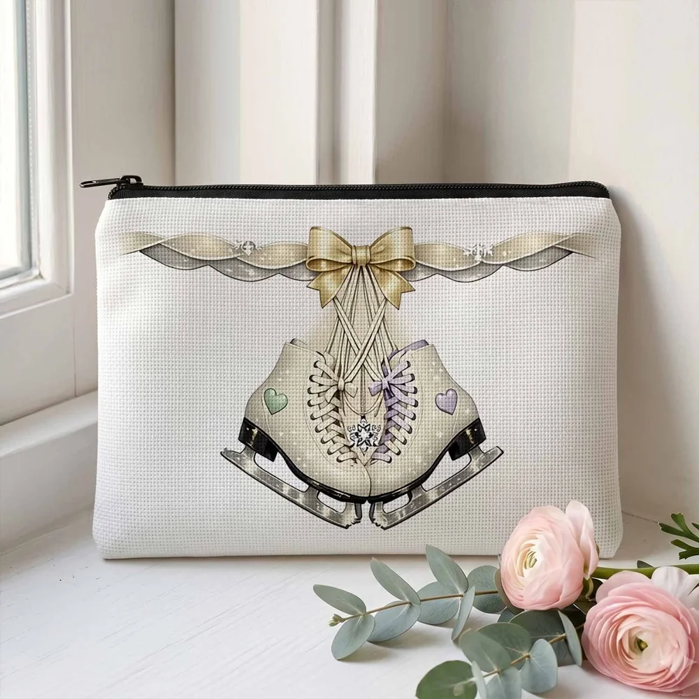 2D Print Makeup Bag with Elegant Ice Skate Design, Cosmetic Pouch for Winter Sports Enthusiasts & Holiday Occasions