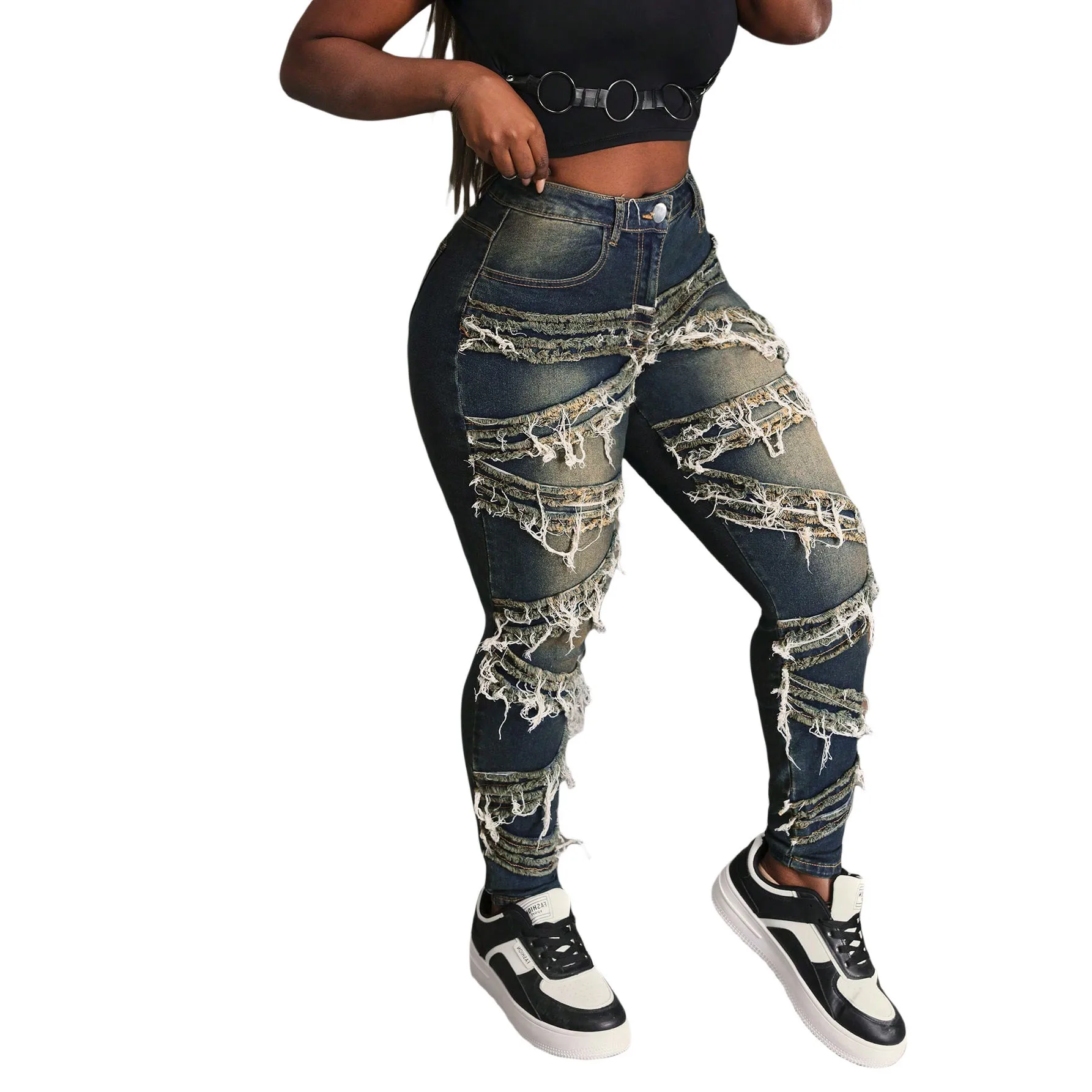 

European American Women's Street Fashion Jeans, Four Seasons Stretch Slimming Cat Beard High-waisted Skinny Jeans Pencil Pants