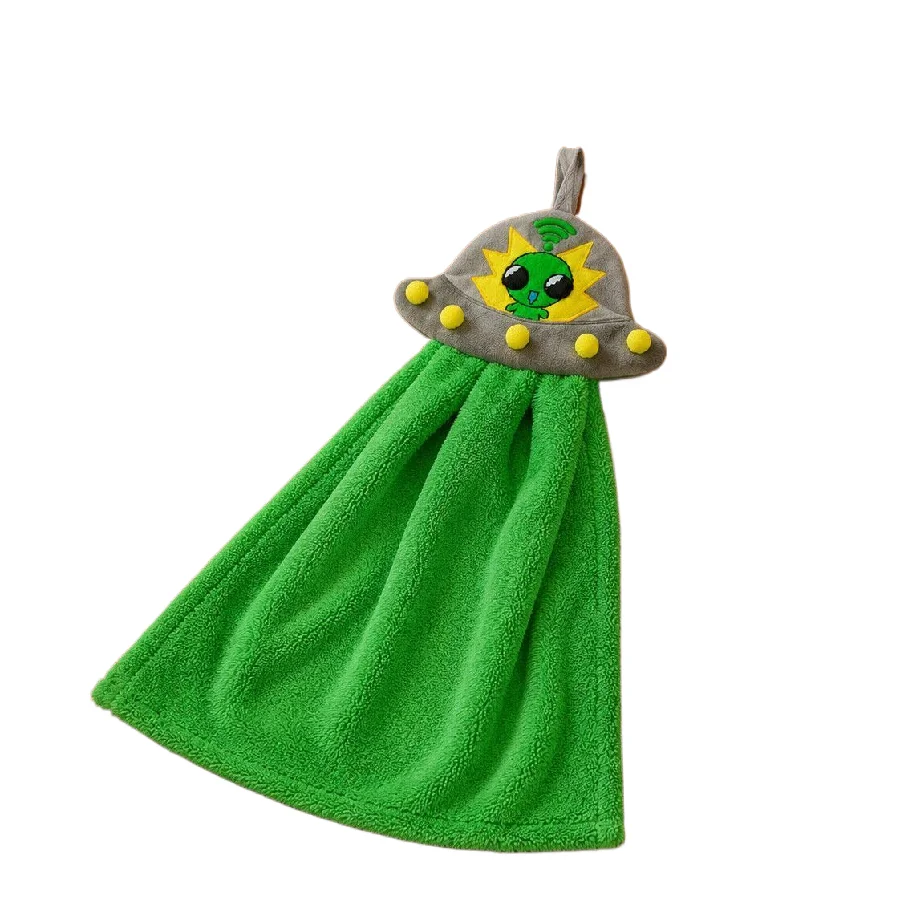 Cartoon Alien Ufo Hanging Hand Towel Thick Coral Fleece Quick Absorbent 25×25cm Decorative Hanging Towel Kitchen Bathroom Househ