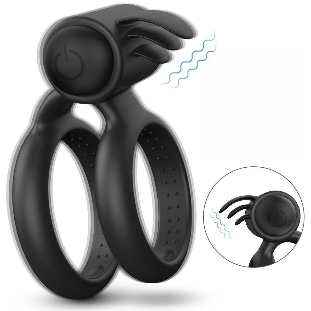 Battery powered 10 frequency vibration penis ring, couple flirting, tongue licking, double ring, locking ring, prostate massager