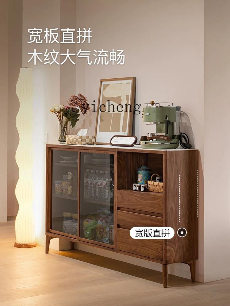 ZK Black Walnut Wood Sideboard Cabinet 30cm Ultra-Thin Solid Wood Side Cabinet Stone Plate Storage Small Size against the Wall