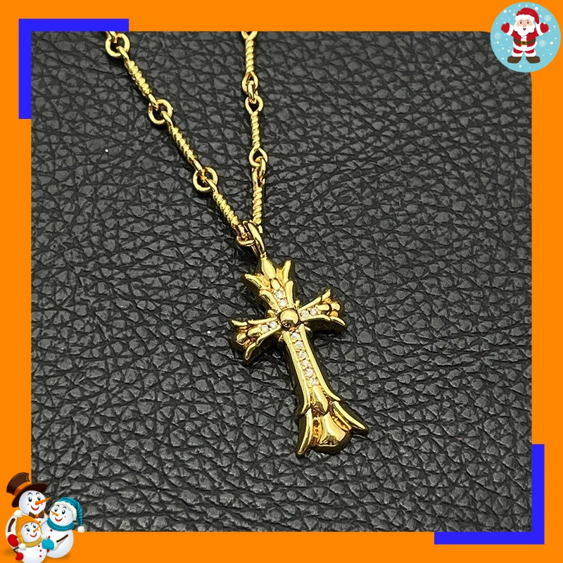 Vintage Medium Double Gold Diamond Cross Necklace Men's and Women's Sweater Chain Collarbone Chain Couple