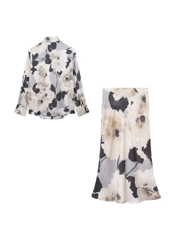 قمصان نسائية متدفقة مطبوعة على الموضة وتنورة متوسطة الطول بخصر عالي المرونة مكونة من قطعتين ملابس نسائية كاجوال أنيقة