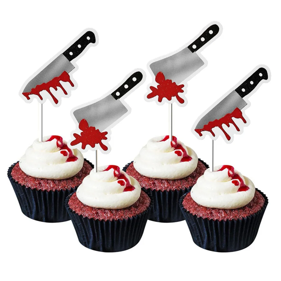 24/48Pcs Horror Halloween Cupcake Decoration Horror Blood Knife Cupcake topper Halloween Theme Killer Birthday Party Supplies