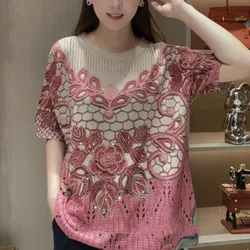 2024 Summer New Women's Pullovers Crew Neck Printed Diamonds Loose Trendy All-match Half Sleeve Knitted Hollow Out T-shirt Tops