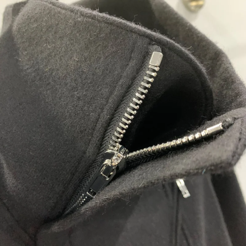 Women Wool Blends Dark Girls Diagonal Zipper Short Jacket Splicing Coat Black Pockets Autumn Winter Clothing Slim Tops Office