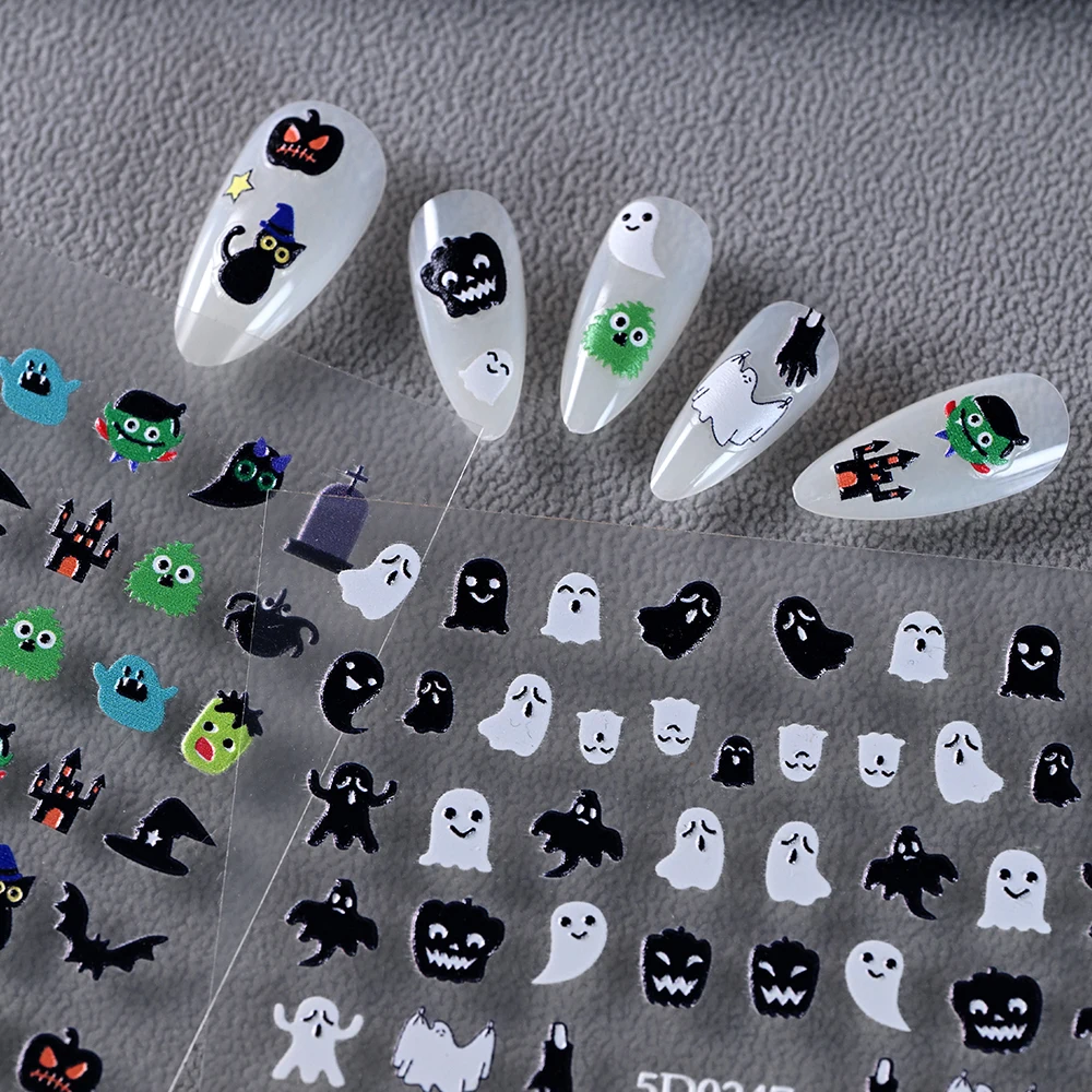 5D Embossed Cute Ghost Bat Pumpkin Halloween Nail Sticker Pink/Green/Black Cartoon Adhesive Nail Decals Halloween Nail Decoratio