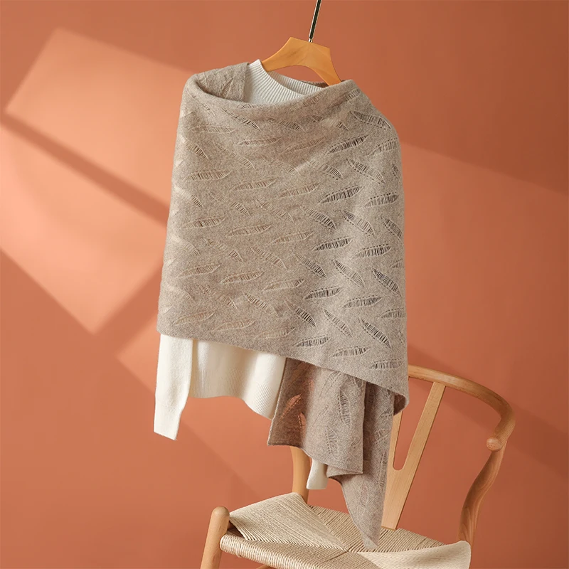 100% wool scarf winter women's warm high-grade leaf shawl cashmere thin dual-purpose knitted scarf