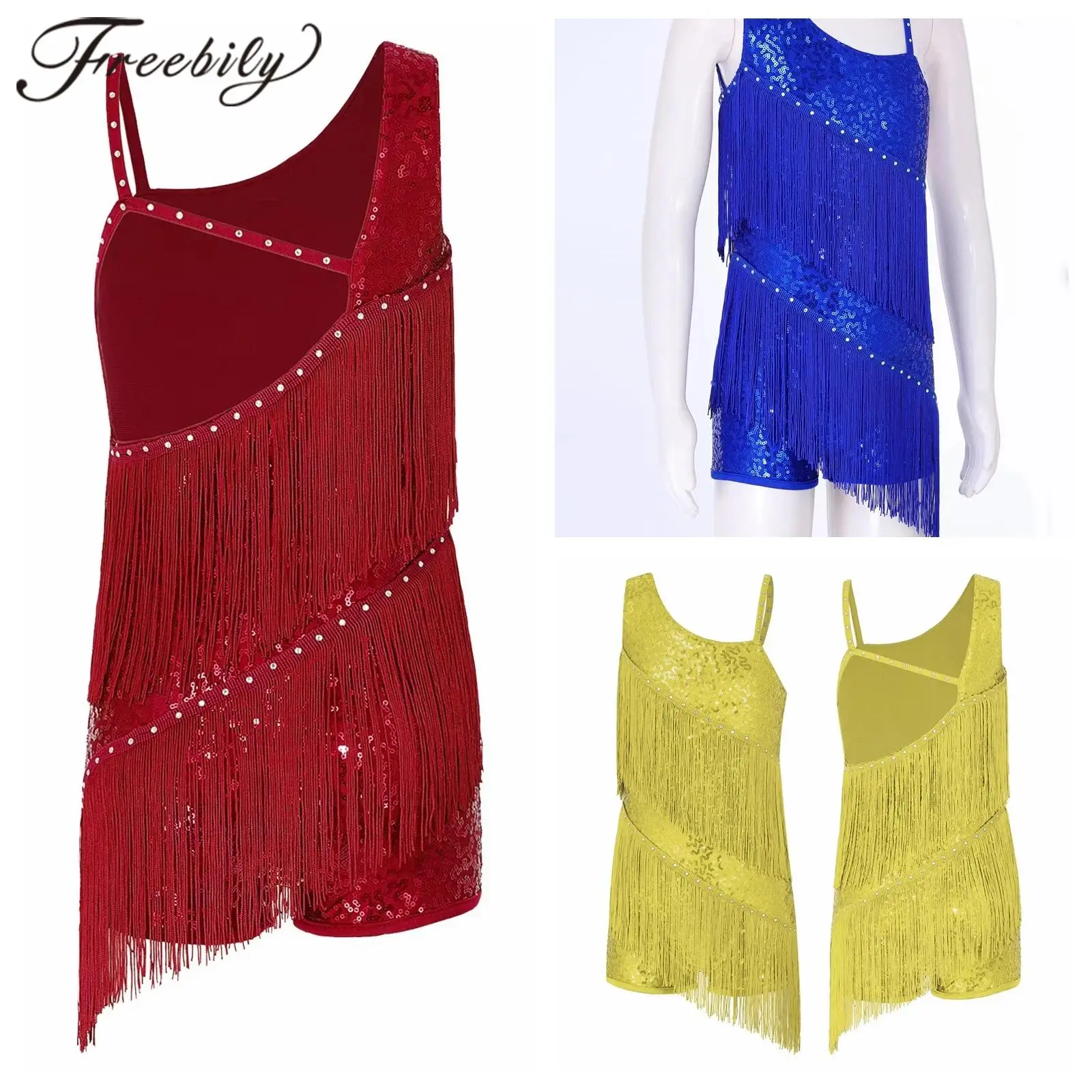 

Kids Girls Tassels Latin Dance Leotard Dress Shiny Sequins Fringed Bodysuit Chacha Rumba Tango Costume Perfomance Dancewear