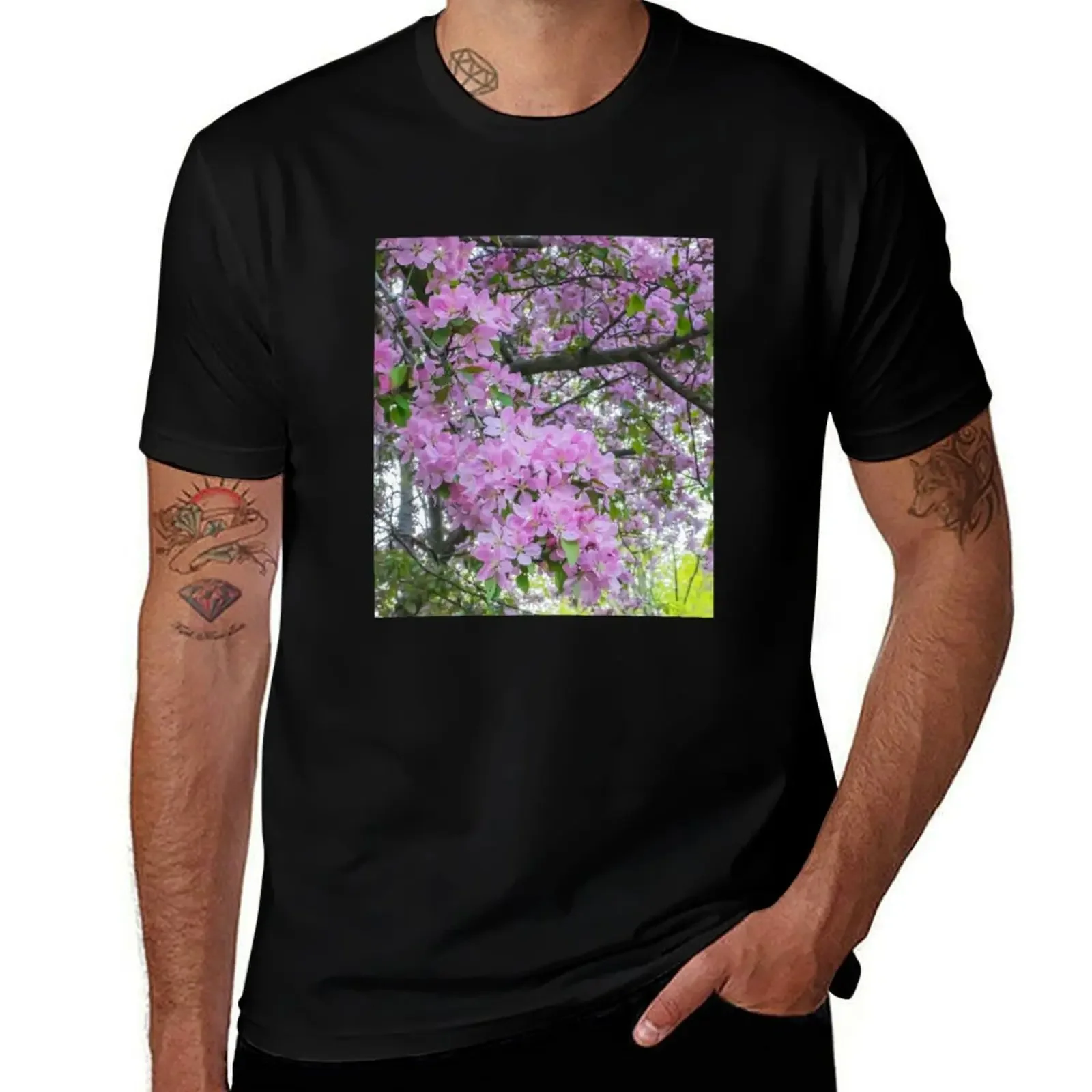 

Closeup of a Branch of Beautiful, Pink Crabapple Blossoms on a Spring Evening T-Shirt T-shirts oversize mens t shirt