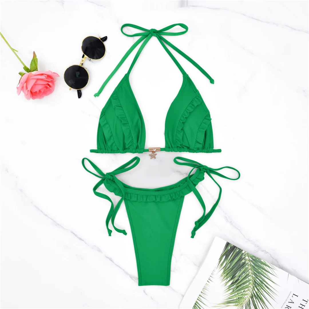 S - XL Neckholder-Bikini mit Rüschen und Raffungen, zweiteiliger Bikini-Set für Damen, Badeanzug, Badebekleidung, Badehose, Modell V6143 – Detail 16