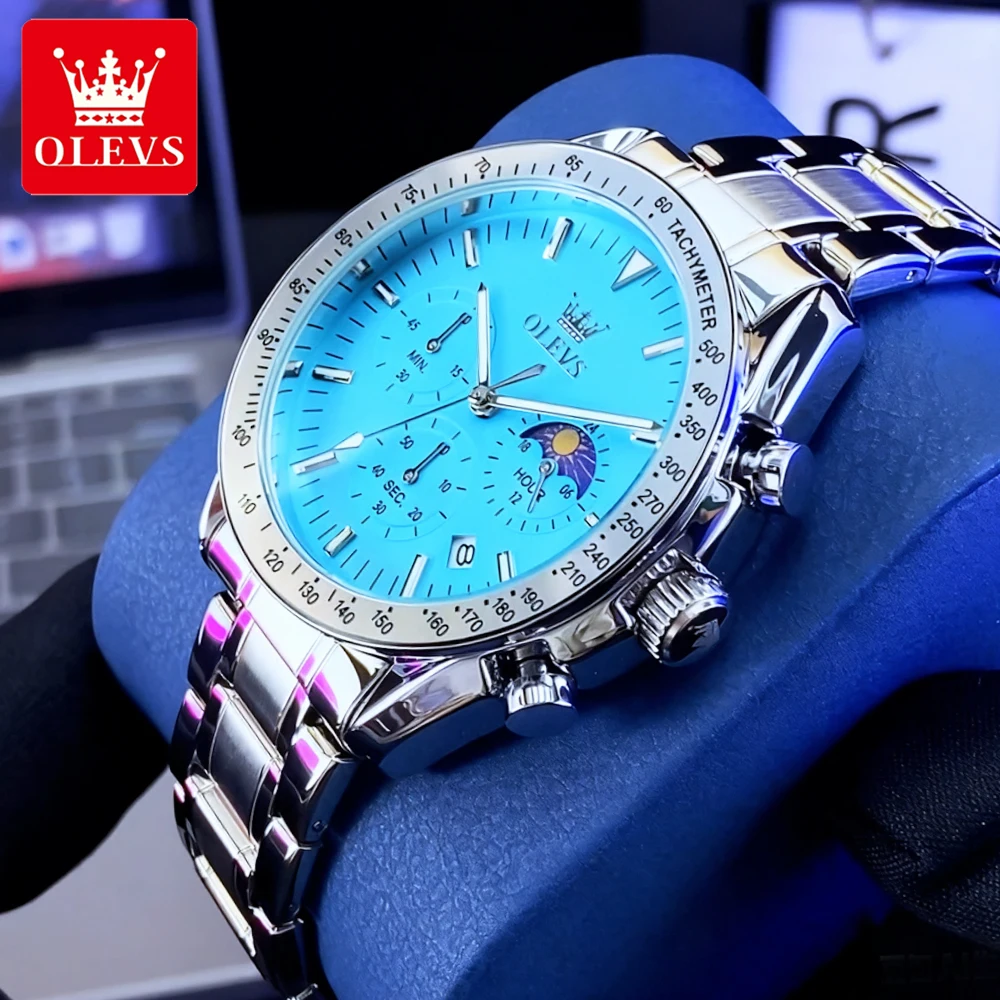 ساعات OLEVS الفاخرة للرجال من الفولاذ الناعم، ساعة يد كوارتز أصلية للرجال مقاومة للماء، كرونوغراف لمرحلة القمر