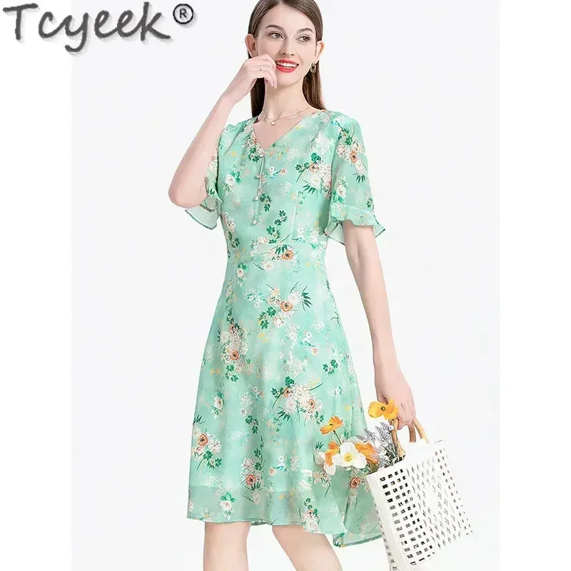 

Women's Tcyeek 100% Mulberry Real Silk Summer Floral es 2024 High-grade Elegant Midi Dress Womens Clothing Vestidos