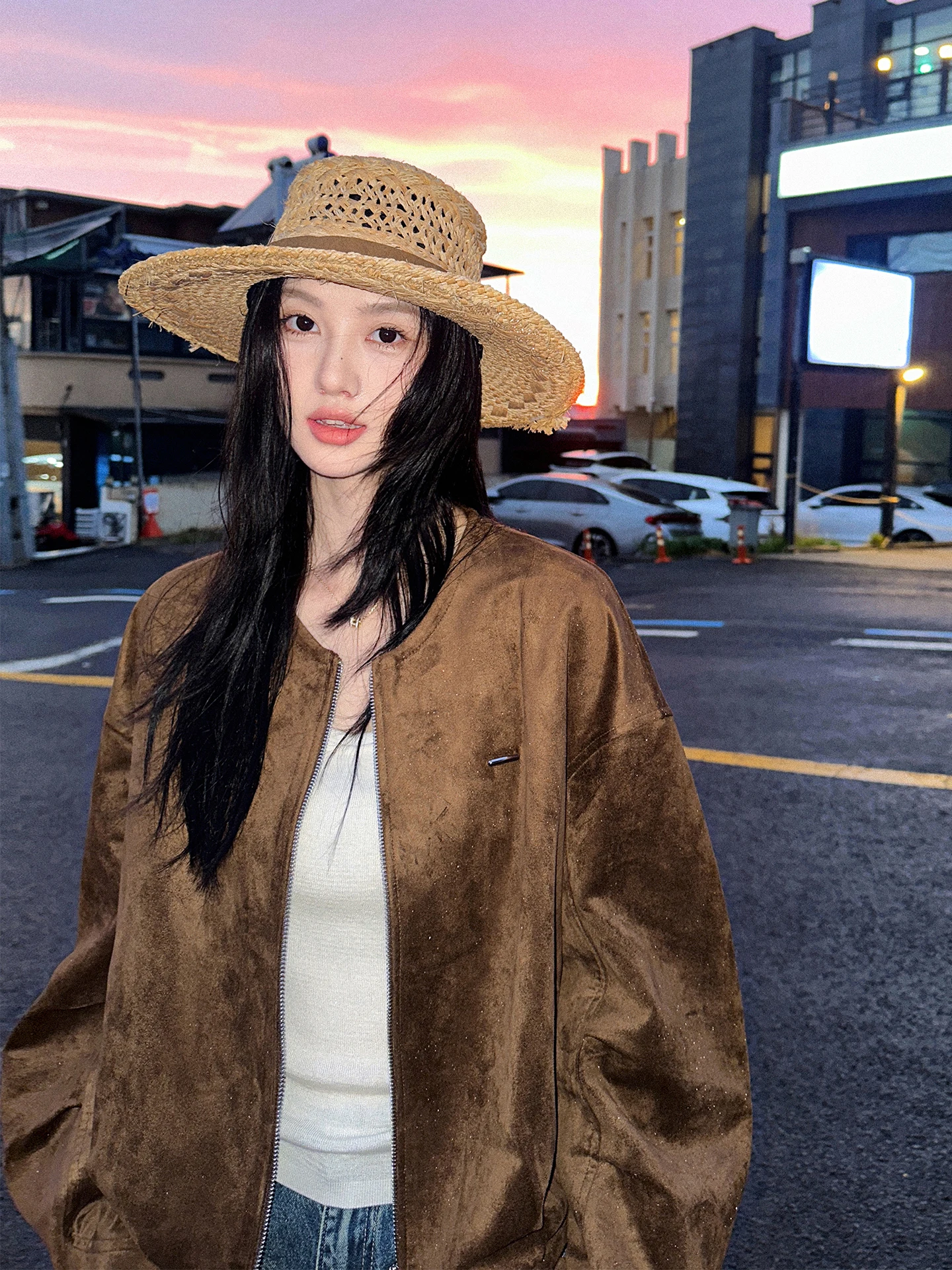 

Retro Suede Jaet Women's Early Spring Silhouette round Ne Banana Sve Outerwear Polyester Fiber Casual ort Coat