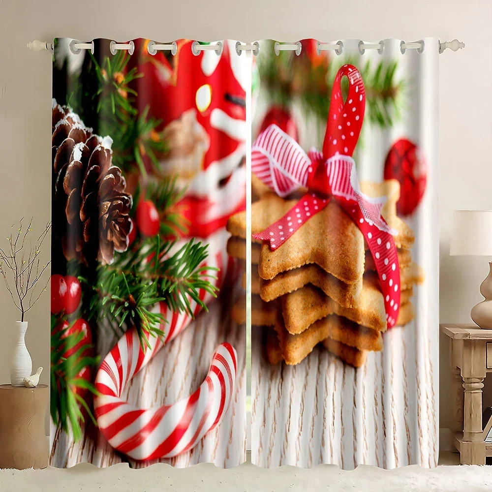 Christmas Xmas Biscuit Candy Window Curtain Gingerbread Christmas Xmas Hat and Candy Rod Pocket Drapes Curtain for Living Room