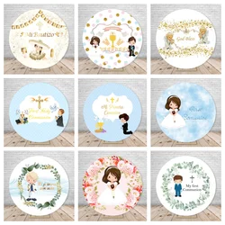 First Communion Round Background Cover Customize My Baptism Boy Girl Cross God Bless Grail Circle Photography Background