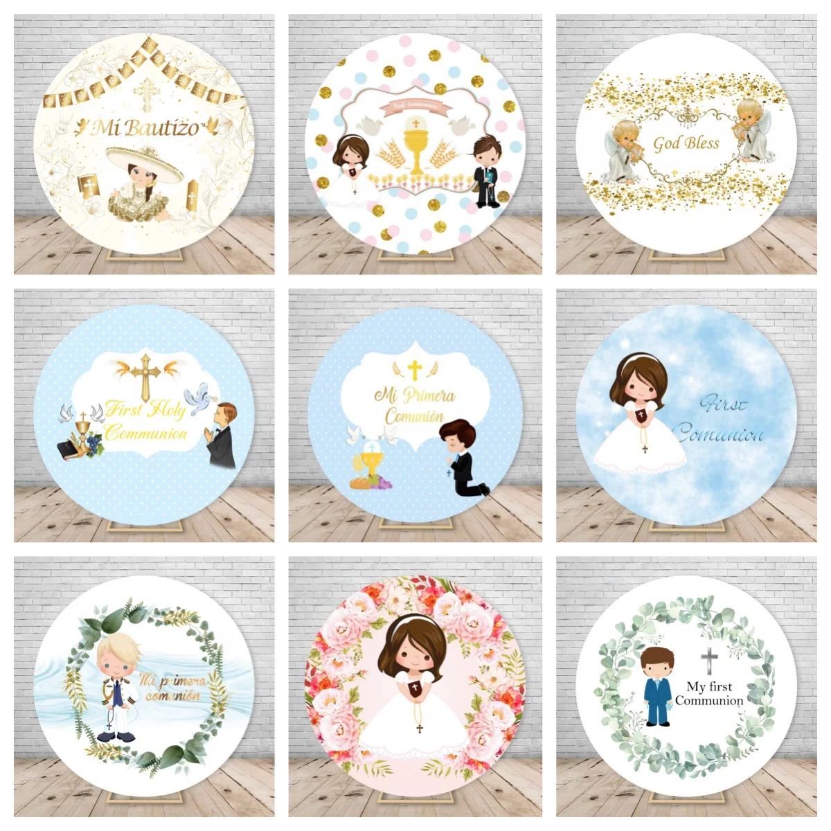 First Communion Round Background Cover Customize My Baptism Boy Girl Cross God Bless Grail Circle Photography Background