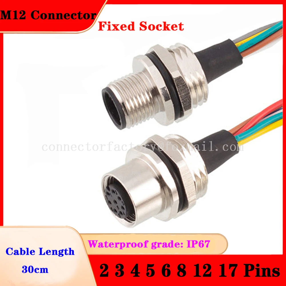 M12 2P 3P 4P 5P 6P 8P 12P Waterproof IP67 Aviation Male Female Socket With Cable Threaded Connector For Data And Telecom Systems