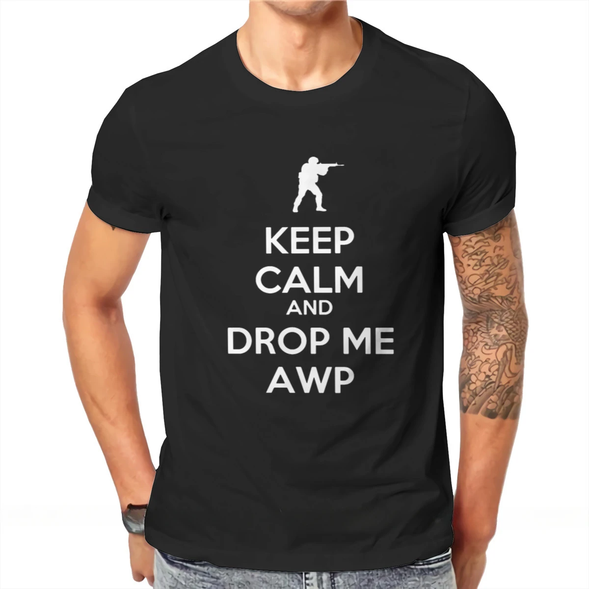 heavyweight Keep Calm Awp TShirt For Men CSGO Counter Strike Global Offensive Shooter Game Clothing Novelty Comfortable Fluffy