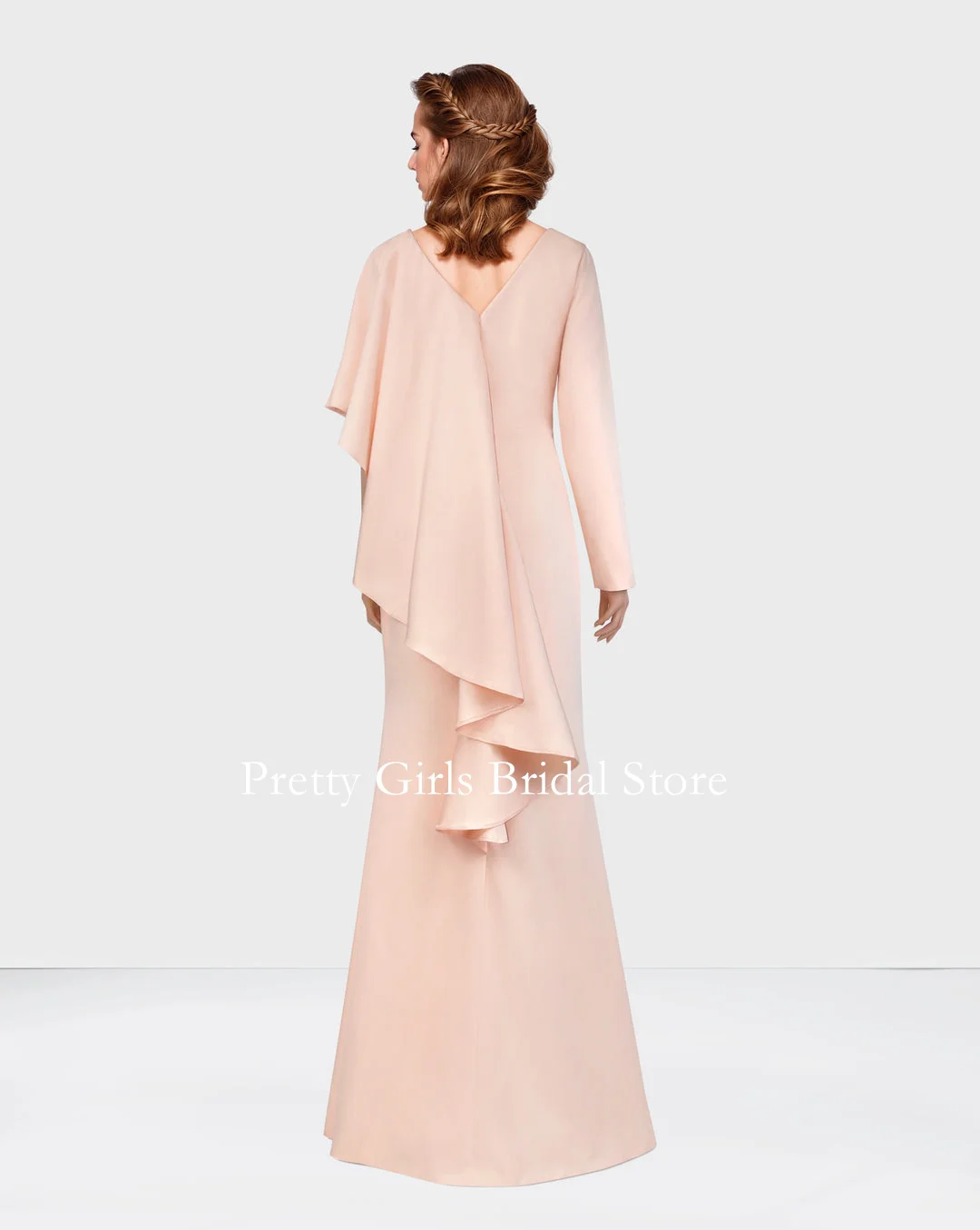 OEING Arabic Style Crepe Satin Evening Dresses RUFFLED PINK DRESS WITH ASYMMETRICAL SLEEVES Formal Prom Growns Party Women Bride