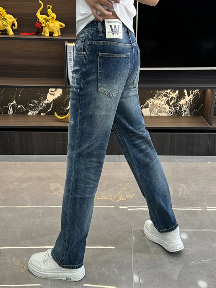 Trendy Printed Casual Loose Men's Jeans Straight Leg Pants Fashionable Youthful Polyester Cotton Blend Autumn Wear