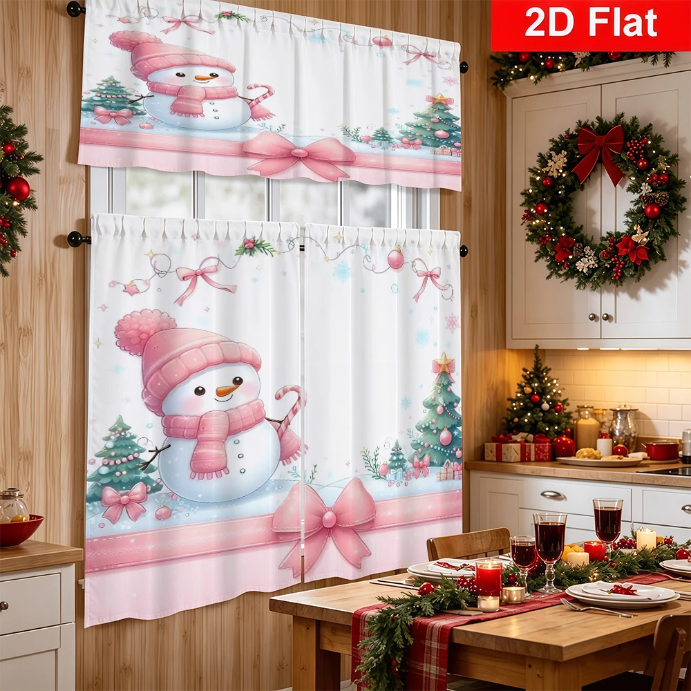 Christmas Kitchen Curtains, Pink Snowman Christmas Tree, Digital Print, Kitchen Dining Room, Rod Pocket Polyester, Home Decor