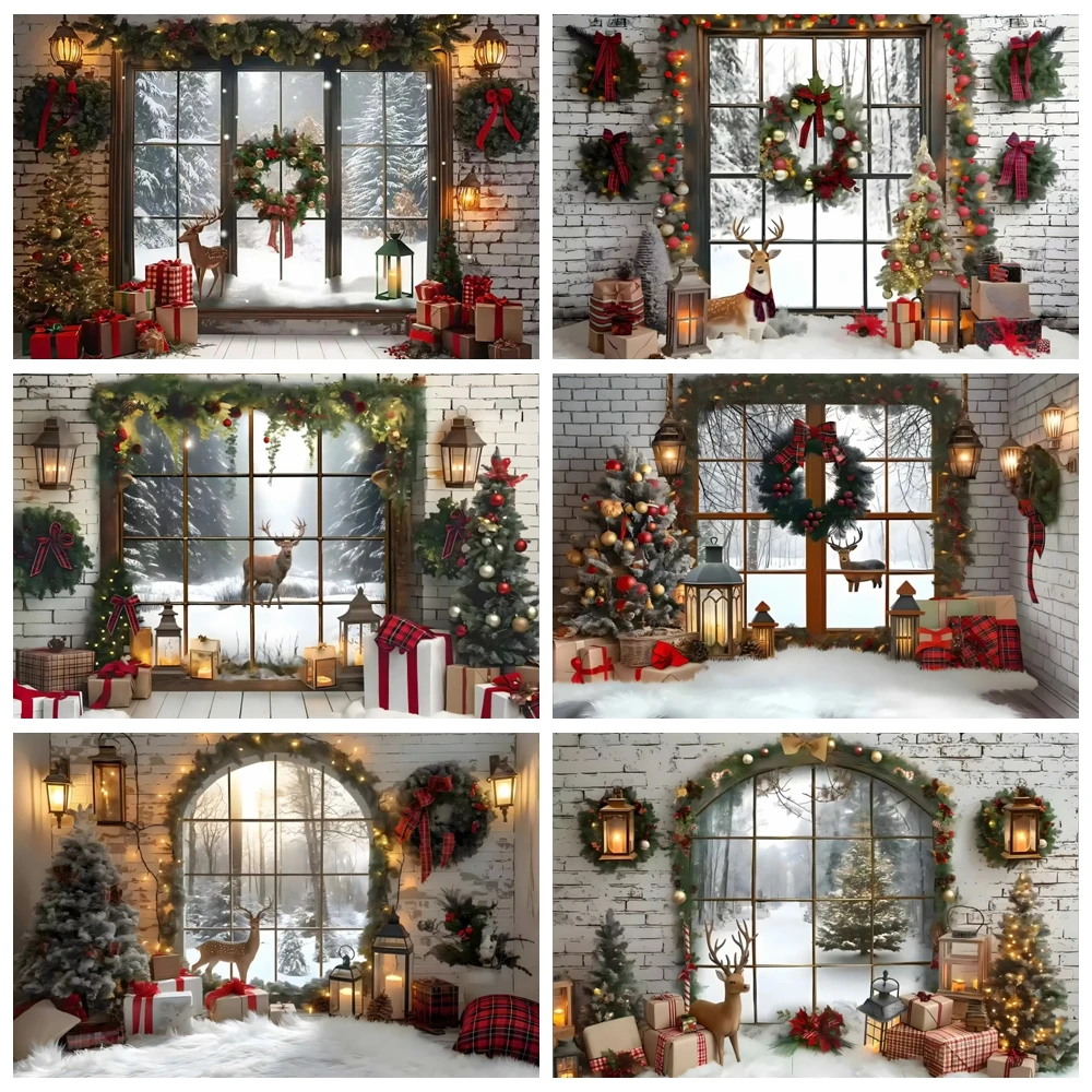 

Merry Christmas Backdrop Xmas Tree Wreath Elk Winter Brick Wall Window Snow Family Kids Portrait Photography Background Decor