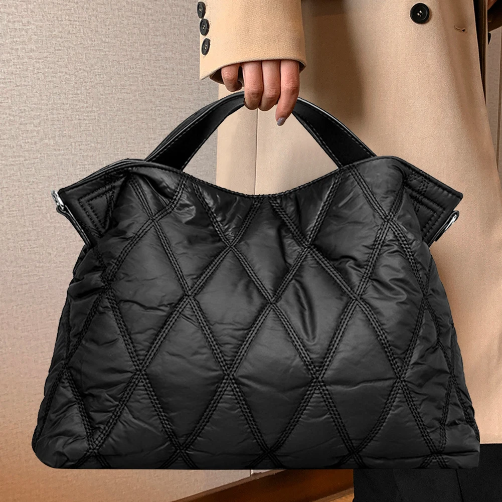 

Rhombic Lattice Shoulder Bag Elegant Autumn Winter Down Jackets Bag Simple Fashion Soft Warm Nylon Portable for Party Shopping