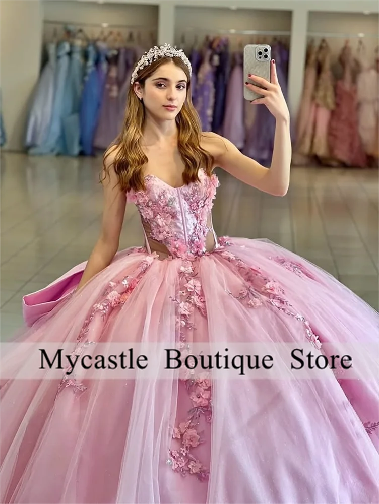 Robe de bal rose de luxe personnalisée, fleurs 3D, robes Quinnceanera, perles pailletées, robe de fête d'anniversaire pour filles, robe douce 16, 2025