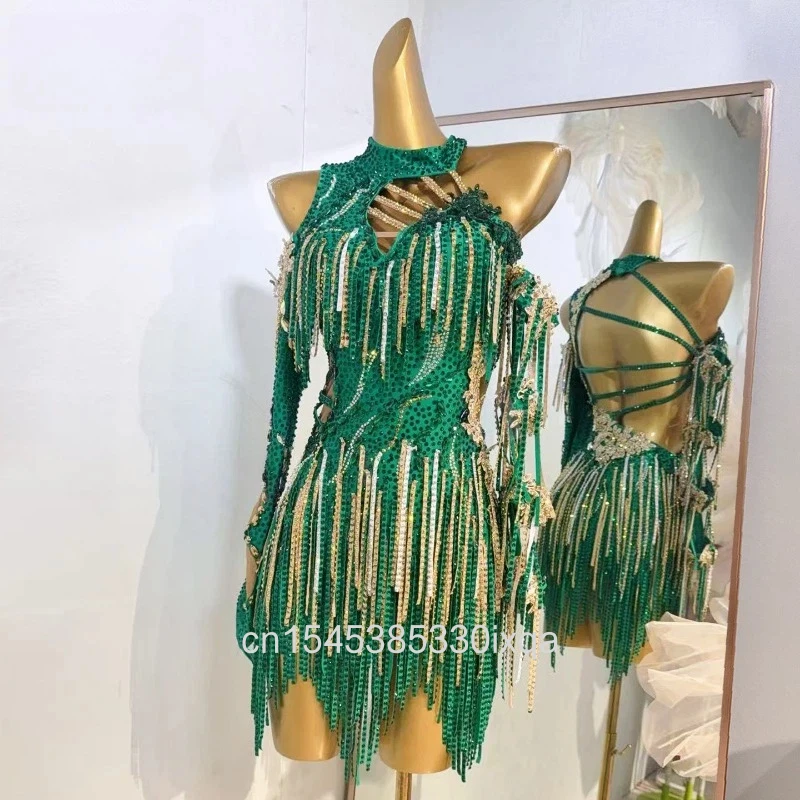 

Latin Dance Diamond Women's High-end Customized Three Color Diamond Stripe Tassel Floral Dress Samba Performance Dress
