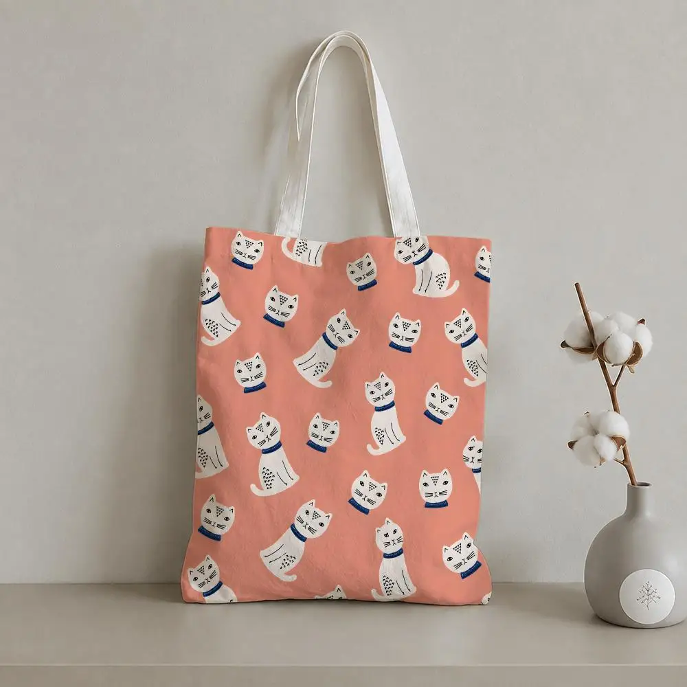 Peach Kitty Pattern Storage Bags 1pc Canvas Tote Bag Reusable Shopping Shoulder Bag For Women Daily Use