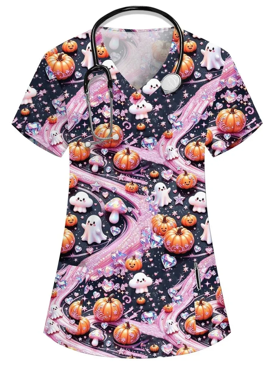 Women's Halloween Ghost Print V-neck Short-sleeved Work Uniform with Patch Pockets, Medical Uniform, Women's Commuter Clothing
