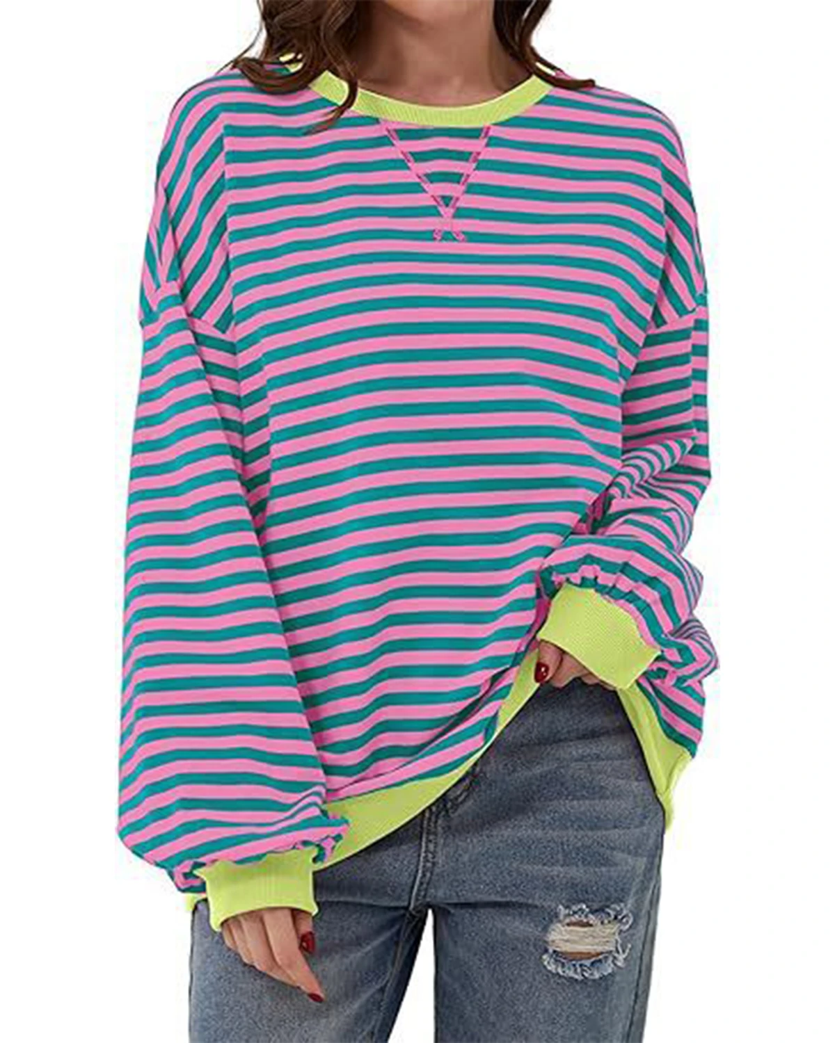 2024 Autumn and Winter Simple Home Leisure New Style Striped Pattern Round Neck Trendy Long Sleeve Hoodie Color blocked T