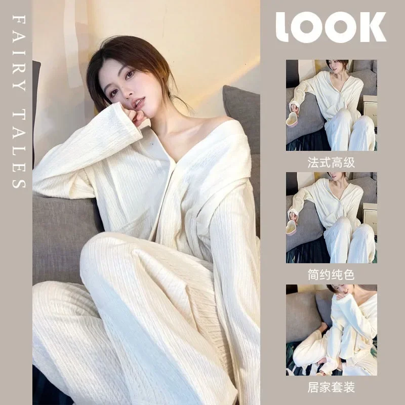 

Fashion Simple Long-sleeved Women's Pajamas Set Spring and Fall Models of The New French Senior Sense of Home Clothing Sleepwear