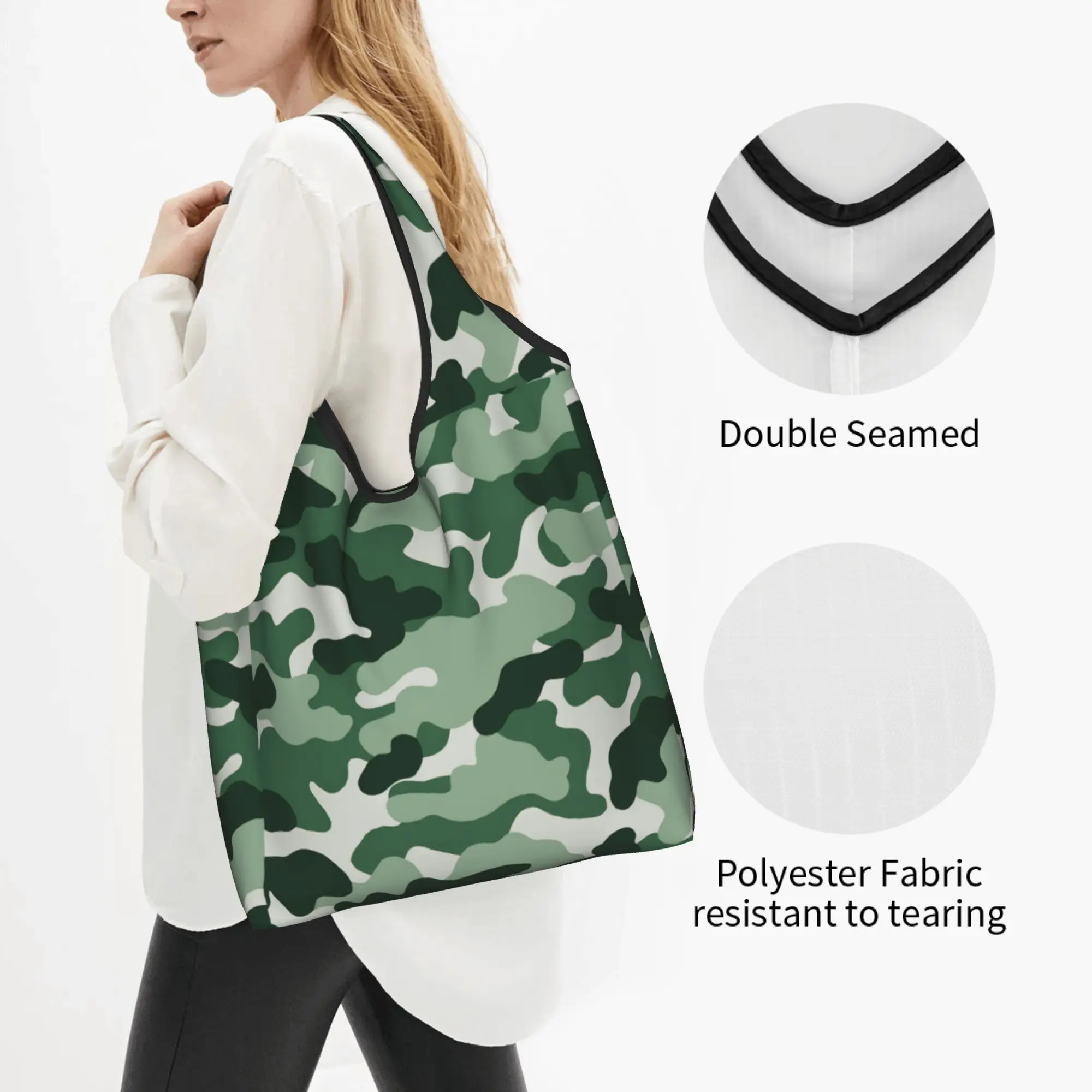 Funny Camouflage Texture Army  Shopping Tote Bag Portable Camo Forest Green Mint   Grocery Shopper Shoulder Bag
