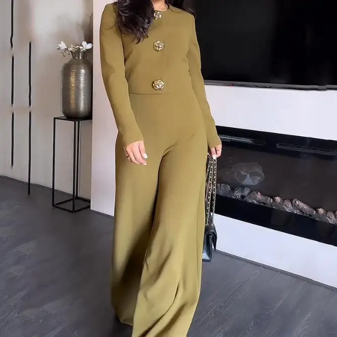 Round Neck Single Breasted Wide Leg New Fashion 2023 Best-Selling Women's Elegant Long Sleeved Pants Two-Piece Set