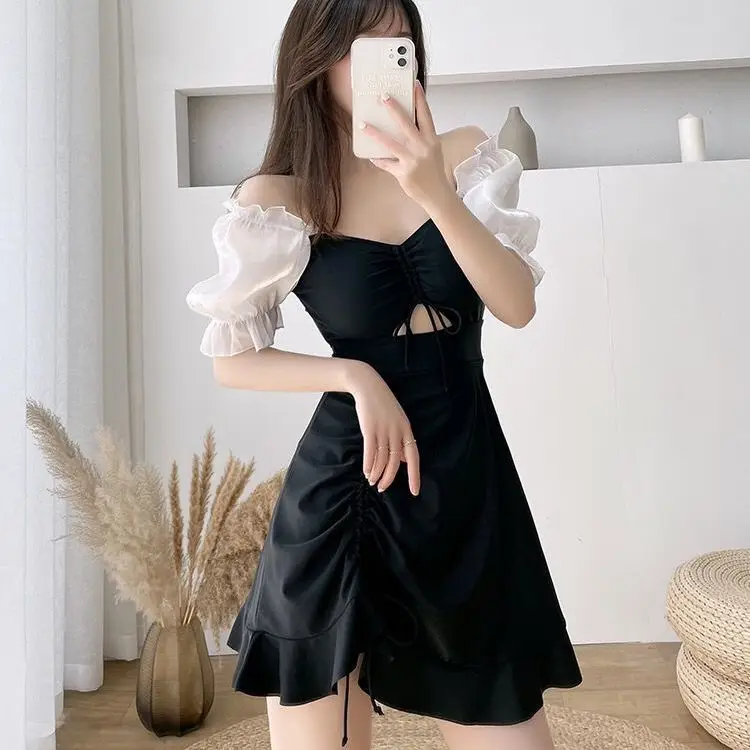 New Swimsuit Slim Body Dress Style Small Breasts Gathered Casual Solid Color Sexy Swimsuit Beach Korean Ins Style