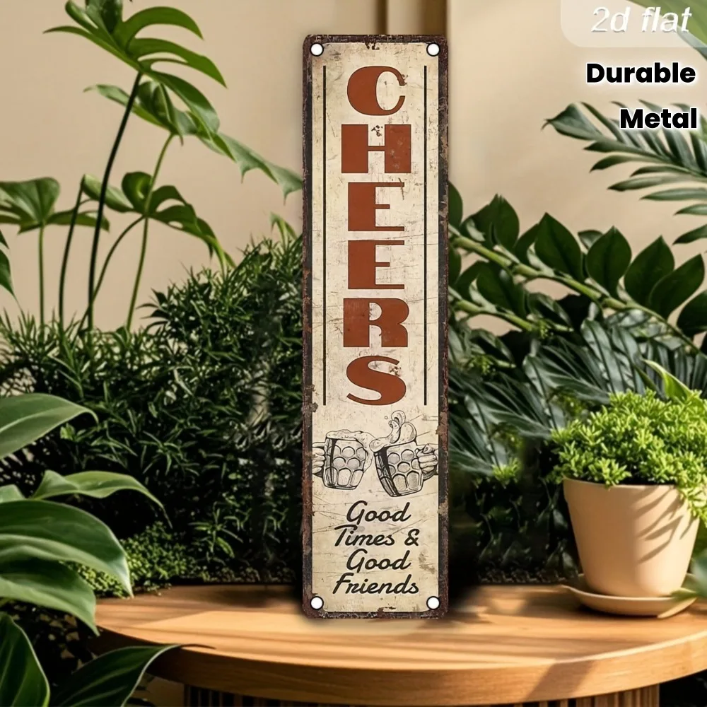 1pc 2D Flat Aluminum Retro Cheers Wall Sign Rustic Beer Mug Toast Pattern Indoor Outdoor Waterproof Decor For Cafe Bar Home