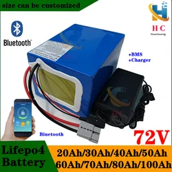 Batterie au lithium LiFePO4 avec chargeur, Bluetooth, BMS, 72V, 50Ah, 60Ah, 30Ah, 72V, 40Ah, 100Ah, 80Ah, 5000W, scooter, vélo é