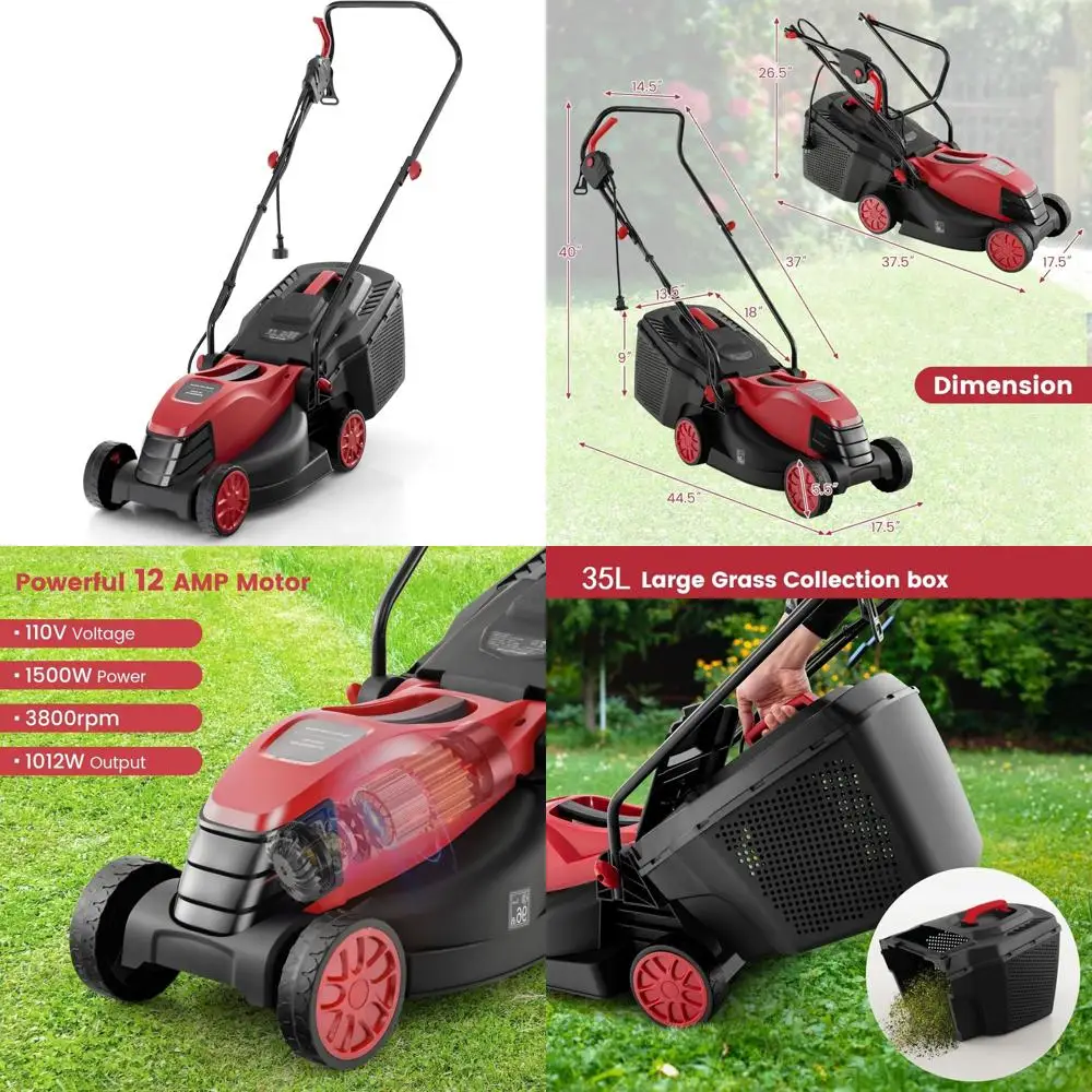 集草機付き電動芝刈り機、12アンペアモーター、14インチデッキ、3段階の高さ調整で多様な庭のメンテナンスに対応