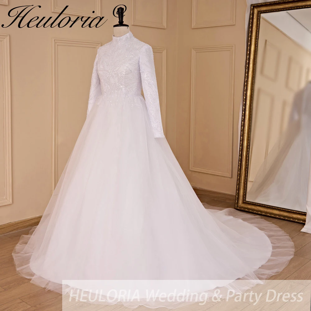 elegant heavy lace beading Muslim ball gown Wedding Dress long sleeve high neck bride dress plus size bride Wedding Gown