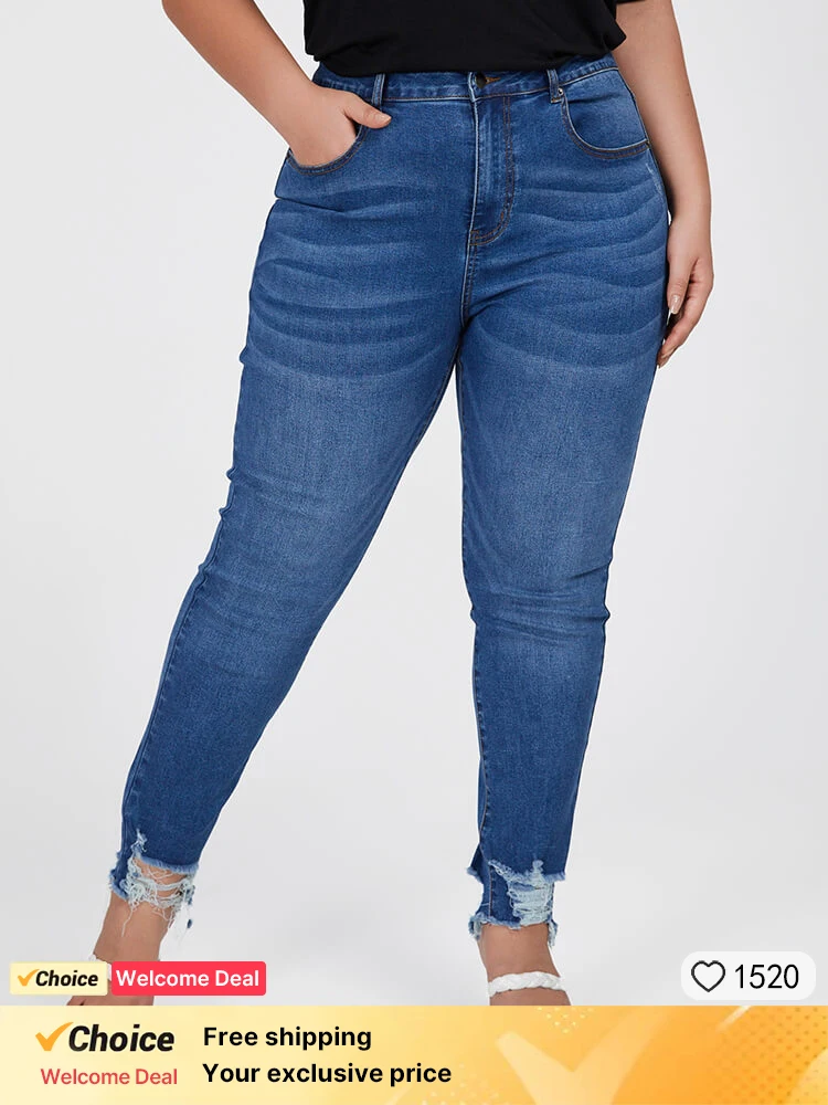 Plus Sized Clothing High Waist Ripped Frayed Hem Skinny Jeans Casual Demin Pants Full length Skinny Stretch Jeans