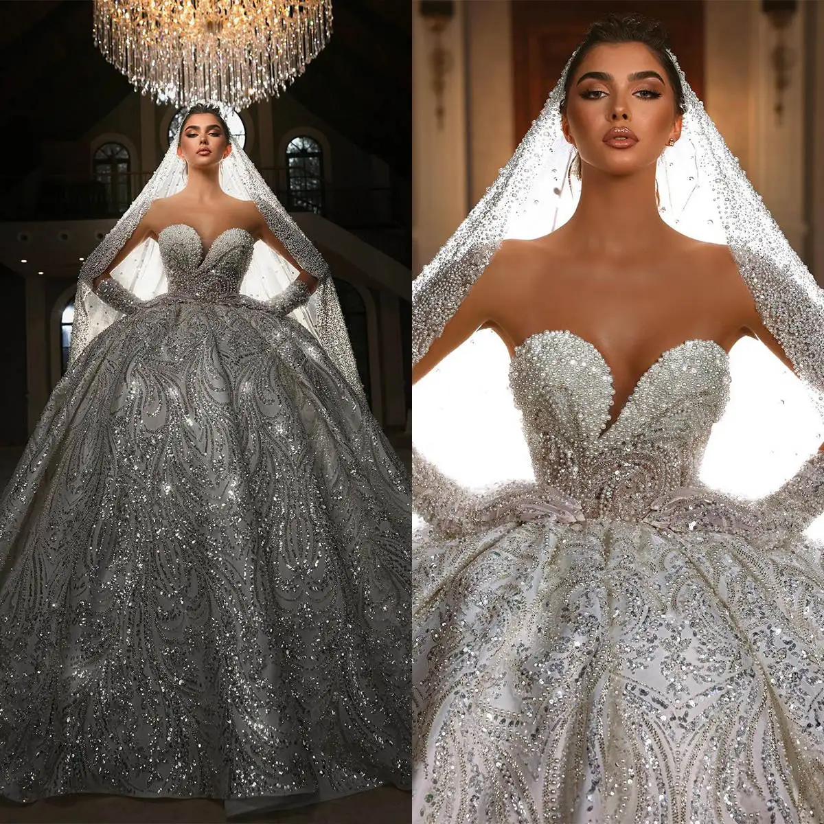 

Luxury Ball Gown Wedding Dresses Sweetheart Rhinestones Beading Sequins Bridal Gown Sweep Train Vestidos De Novia Customized