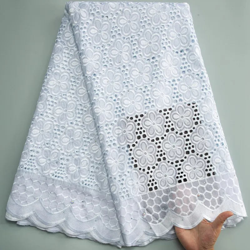 

African White Cotton Lace Fabric With Stones 2023 High Quality Swiss Voile Lace Nigerian Cotton Lace Material For Dresses S3558