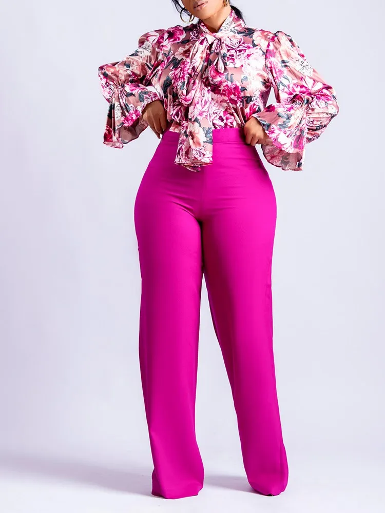 الخريف والشتاء عادية مطبوعة قميص طويل الأكمام والسراويل واسعة الساق قطعتين مجموعة للنساء موضة أنيقة 2 قطعة مجموعة جديد