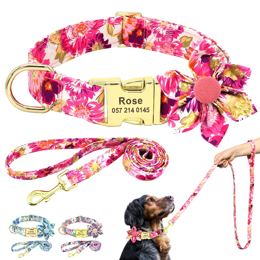 

Flower Print Dog Collar Nylon Floral Custom Pet Dog Collars Puppy Collar Personalized Name for Small Medium Large Dogs S M L