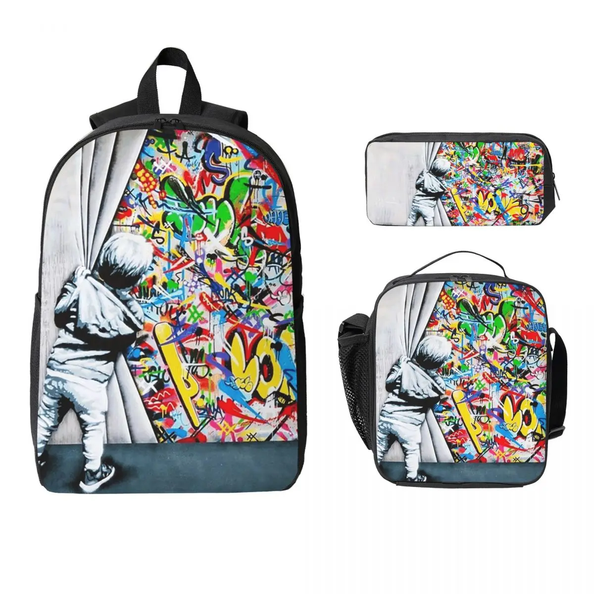 

Behind The Curtain Boy - Banksy Street Art Mural Backpack BookBag School Bag Shoulder Bags 3ps Insulated Lunch Bag Pencil Case