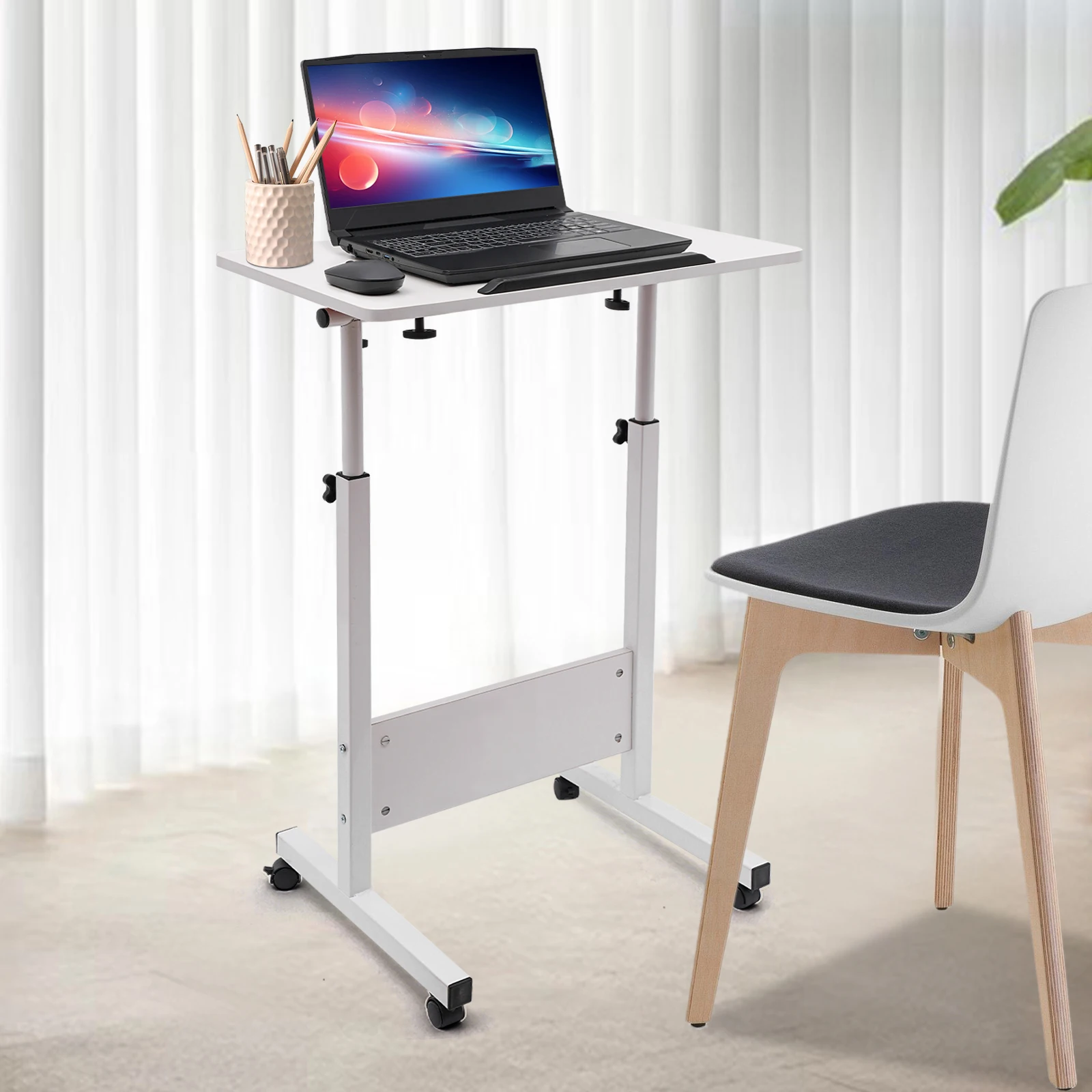 White Adjustable Height Standing Desk, Portable Laptop Desk, Rolling Computer Stand with Adjustable Height