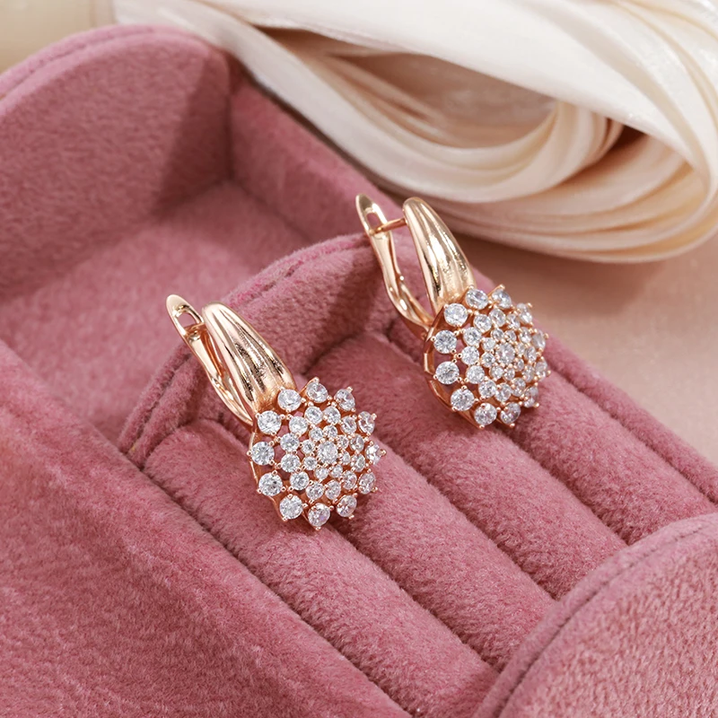 SYOUJYO Shiny Natural Zircon Full Paved Dangle Earrings For Women 585 Rose Gold Color Bride Wedding Fine Jewelry